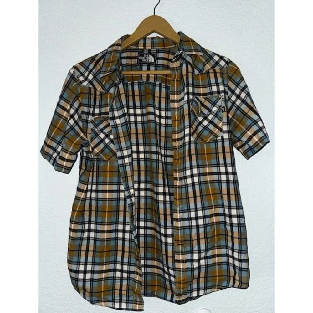 The North Face Plaid Shirt Mens Blue Brown Short Sleeve Button Up Dual Pocket